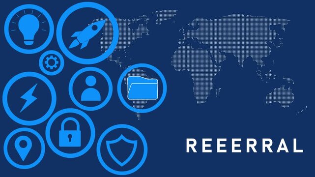 Referral program concept with global map and circular for networking, growth, and security on a dark blue background