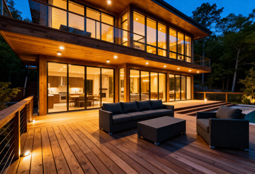 Modern luxury house with wooden deck and outdoor furniture at dusk