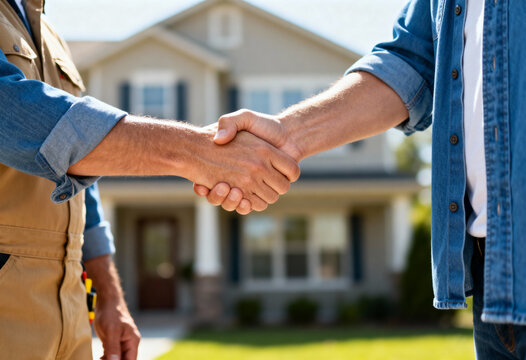 Contractor and homeowner shaking hands in front of new home