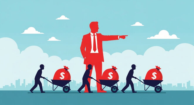 Strategic leadership drives wealth Red business leader directs workers pushing money-filled wheelbarrows, symbolizing financial success and collective effort
