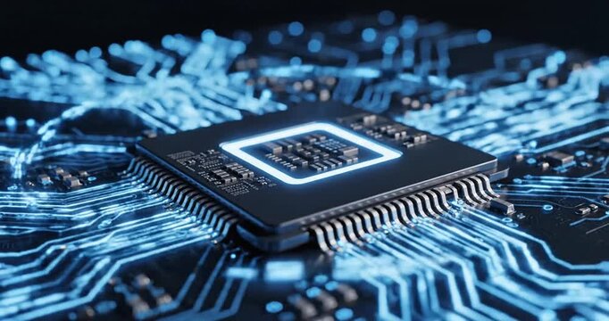 Close-up view of a modern microprocessor on a circuit board with glowing connections, showcasing technology
