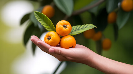 A close-up photograph of three bright orange loquats held in an outstretched palm against a blurred natural background
