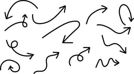 A collection of hand drawn arrows in various directions and styles on a white background