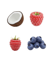 Fototapeta premium Fresh coconut half, juicy raspberry, and ripe blueberries isolated on white background, studio shot