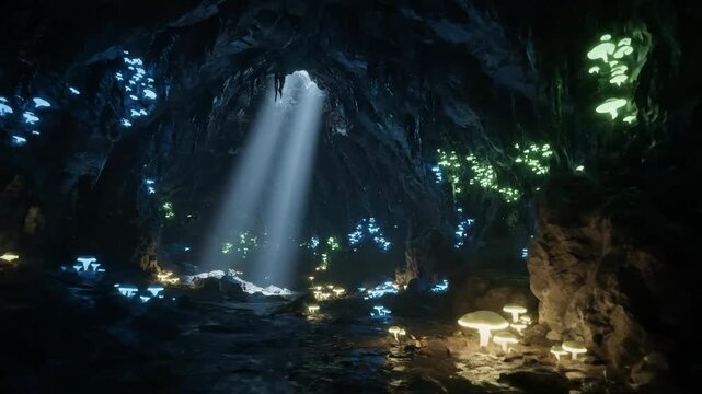 Cave sanctuary light beams illuminate cavern interior video.