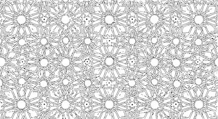 Obraz premium Intricate black and white geometric pattern with repeating circular motifs and floral details.