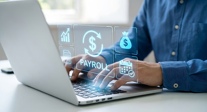 Payroll digital management system showing person operating financial software on laptop for salary calculation, tax payment and business accounting in digital fintech.new