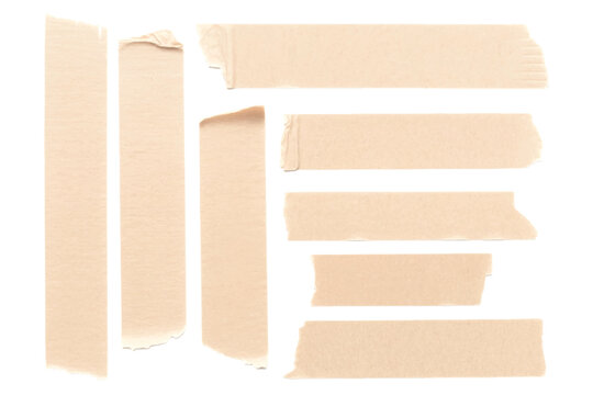 Set of brown adhesive tape strips isolated on white background.Collection of torn masking tape pieces for design and scrapbooking.
