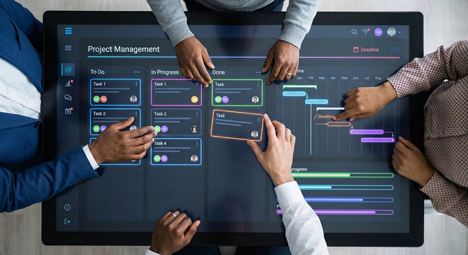 Diverse business team collaborating on project management board using interactive digital touch screen table top