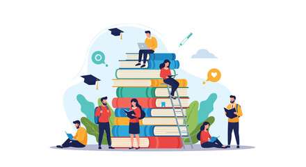 Naklejka premium Group of students reading and studying together around a massive stack of giant colorful books for education and learning.