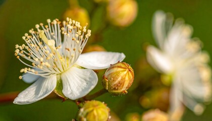 Macro shot of a delicate white flower in full bloom, showcasing intricate details