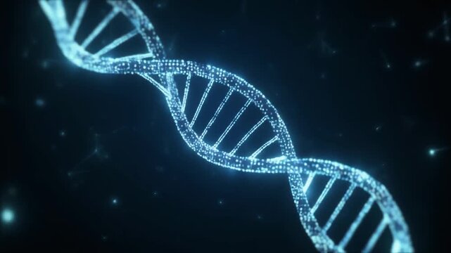 Abstract Digital DNA Helix Animation for Biotechnology, Glowing Blue Particles Genetic Sequence Background