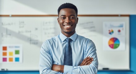 Fototapeta premium Confident African American educator standing proudly in his modern school classroom
