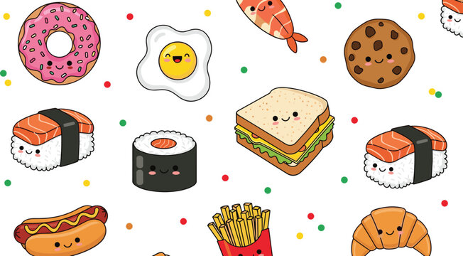 Kawaii fast food and snack sticker vector set with smiling donut pizza sushi and fries for kids menu and digital planning