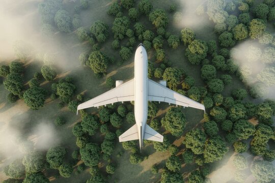 White airplane flying over dense green forest with soft clouds aircraft flight aerial view