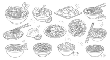 Hand-drawn line art of various asian noodle and dumpling dishes including ramen, pho, and dim sum for a menu design.