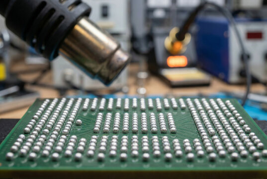 Hot air gun soldering BGA microchip on printed circuit board in electronics repair workshop