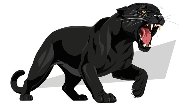 A fierce black panther with its mouth open, showing its sharp teeth and roaring.