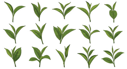 Fototapeta premium Detailed set of various green tea leaf sprigs shown in diverse stages of growth and professional arrangements for botanical use.