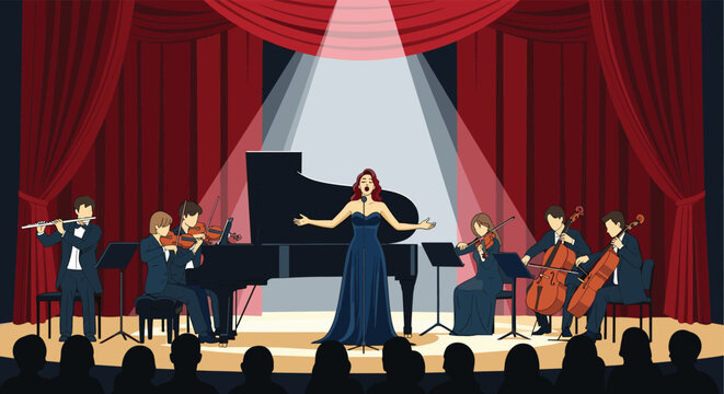 Grand illustration of a female opera singer performing elegantly on stage accompanied by a full orchestra with violins, cellos, and a piano.