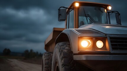 Fototapeta premium Heavy duty yellow articulated dump truck with illuminated headlights at dusk on a dirt road