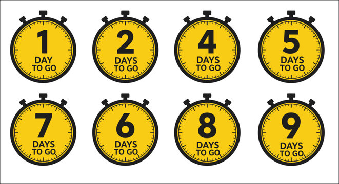 A series of yellow timer icons displaying decreasing days to go