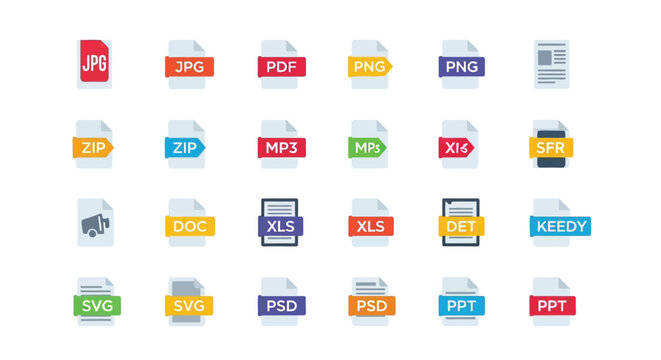 Collection of common file format icons displayed on a white background