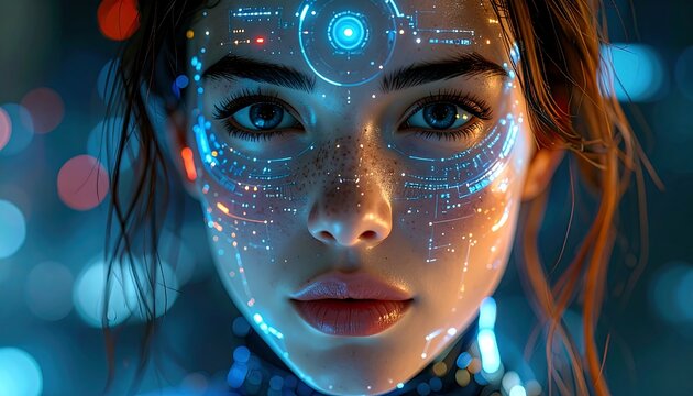 Close-up of a female face with futuristic glowing tech overlay patterns, bokeh lights in the blurred background