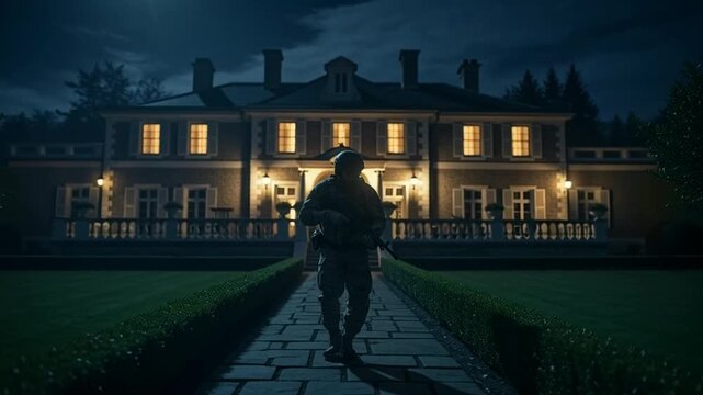 Soldier walks towards illuminated mansion at night, military infiltration concept