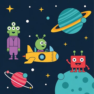 A whimsical illustration of friendly cartoon aliens and planets in outer space, featuring a three-eyed alien, an alien in a spaceship, and a red square alien.