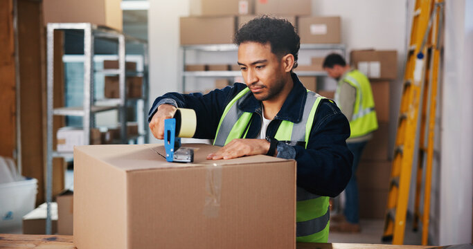 Man, tape and box in warehouse for logistics, delivery service or safe packaging. Male person, distributor or supplier with seal strip on cargo or parcel for courier security or distribution