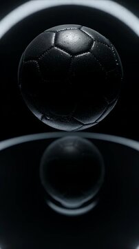 Aero-Dynamic Ball. Premium Football Gear on Dark Studio Background. Performance Branding. A matte-black soccer ball with indented thermal-bonded seams, set in a dark void with a circular rim light
