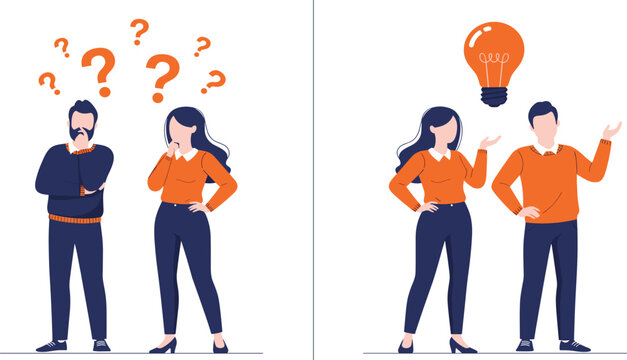 Flat vector illustration of a man and woman thinking with question marks and gaining an idea with a light bulb for business concept designs.