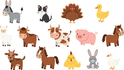 Set of cute farm animal characters including donkey, turkey, duck, alpaca, cow, pig, horse, goat, and chicken in a flat vector illustration style.
