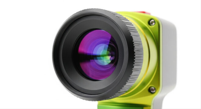 Vibrant thermal detector lens isolated on a pristine white background, featuring a sleek green and silver casing with a reflective purple lens