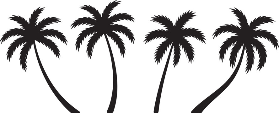 Collection of four black palm trees in various leaning positions against a white background, perfect for tropical or beach-themed vector graphics and illustrations