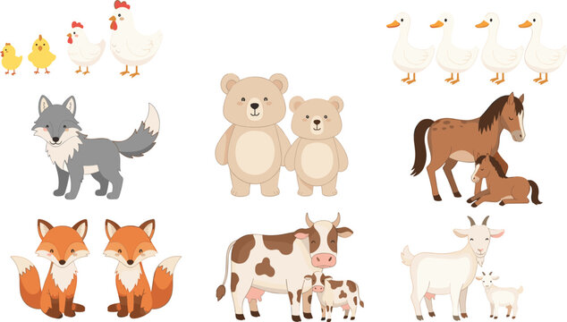 Set of cute animal families featuring chickens, ducks, horses, cows, goats, foxes, and bears in a flat vector illustration style for children's designs.