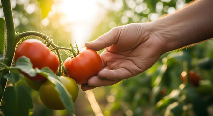 Hand holding fresh red tomato in garden.