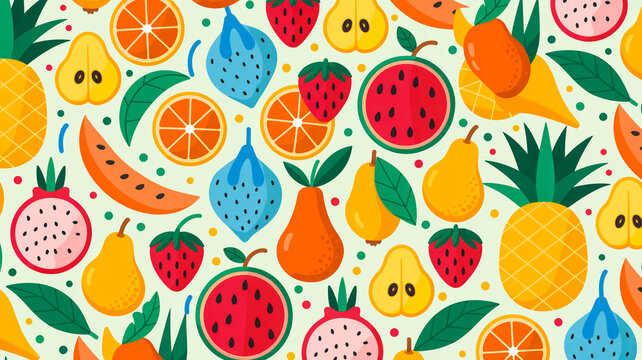 A vibrant, colorful fruit pattern illustration on a light cream background