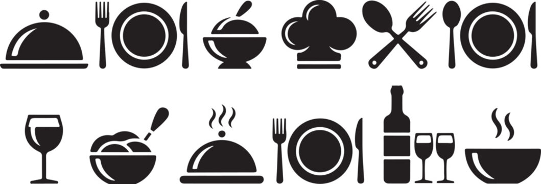 Collection of elegant vector graphic illustrations representing fine dining and gourmet cuisine with cutlery, wine glasses, and serving dishes