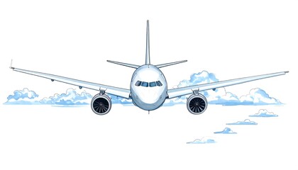 Aircraft flies head-on through clouds, isolated on a white background in a graphic representation