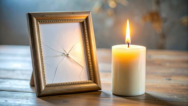 Broken picture frame and burning candle on wood table symbolizing loss and remembrance