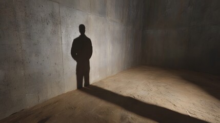 Solitary figure s shadow cast in an empty stark concrete room