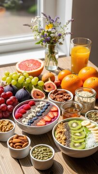Smoothie bowls on wood table near window, nutritious toppings, nuts, seeds, fruit, breakfast scene, healthy eating, morning light, vibrant colors.