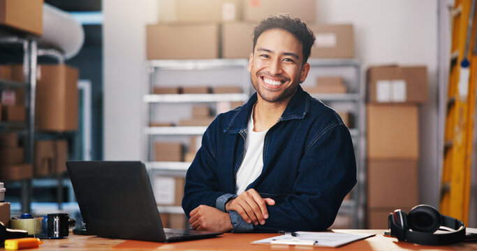 Portrait, shipping and happy man with laptop in office for supply chain, distribution or ecommerce. Logistics, person and entrepreneur with computer for startup, smile and about us in small business