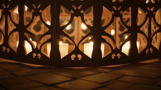 Warm Lantern Light Through Ornate Metal Lattice Frame.