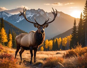 Fototapeta premium Majestic elk stands proudly in an autumn meadow with mountains in the background at sunset
