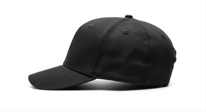 Black twill baseball cap isolated on a clean white background, showcasing the side profile with detailed stitching and structured design