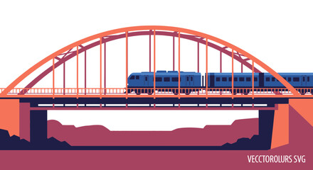 Modern Blue Train Crossing Orange Arch Bridge Over Water © Tisa