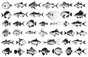 Fototapeta premium A collection of various fish species illustrated in black and white vector graphics